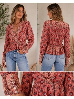 Free People Womens XS Blouse Boho Mixed Print Peplum Surplice Long Sleeve